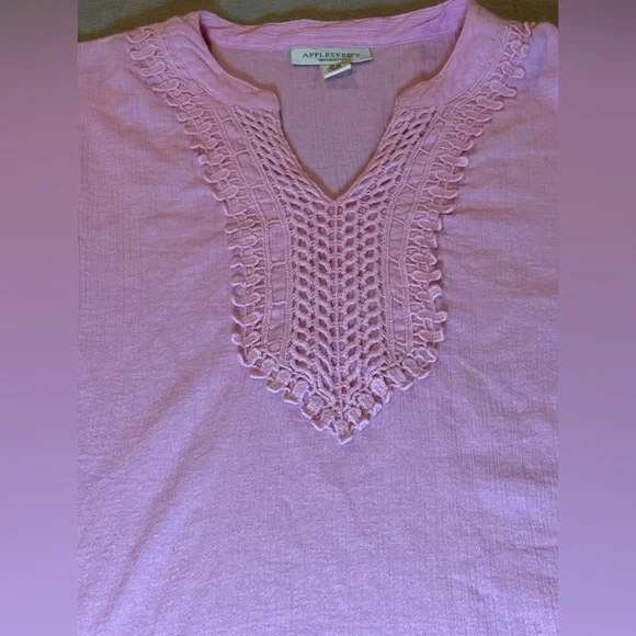 Appleseeds Pink Tunic w/Embroidered Lace Yoke Fabric Natural Wrinkle Size 2X - Picture 6 of 11